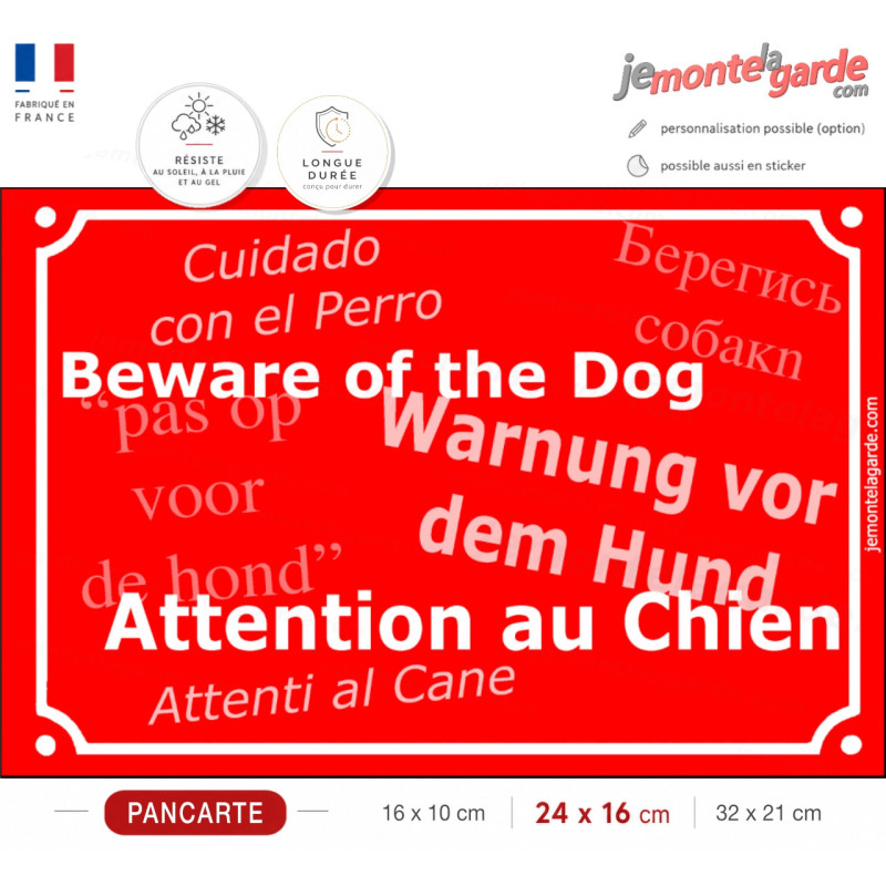 Plaque de rue rouge "Attention au Chien" multilingue pour lieux accueillant des étrangers, résiste dehors, fabriqué en France Plaque de rue rouge "Attention au Chien" multilingue pour lieux accueillant des étrangers, résiste dehors, fabriqué en France
