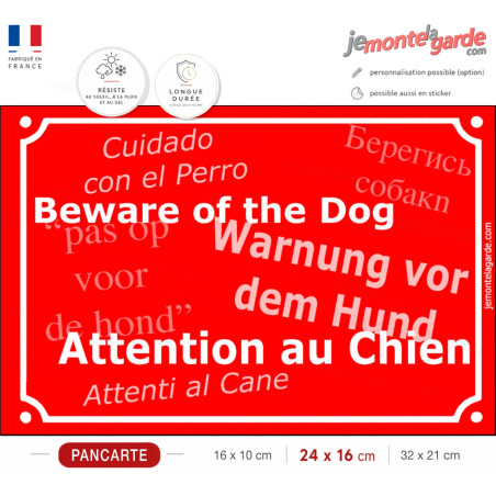 Plaque de rue rouge "Attention au Chien" multilingue pour lieux accueillant des étrangers, résiste dehors, fabriqué en France