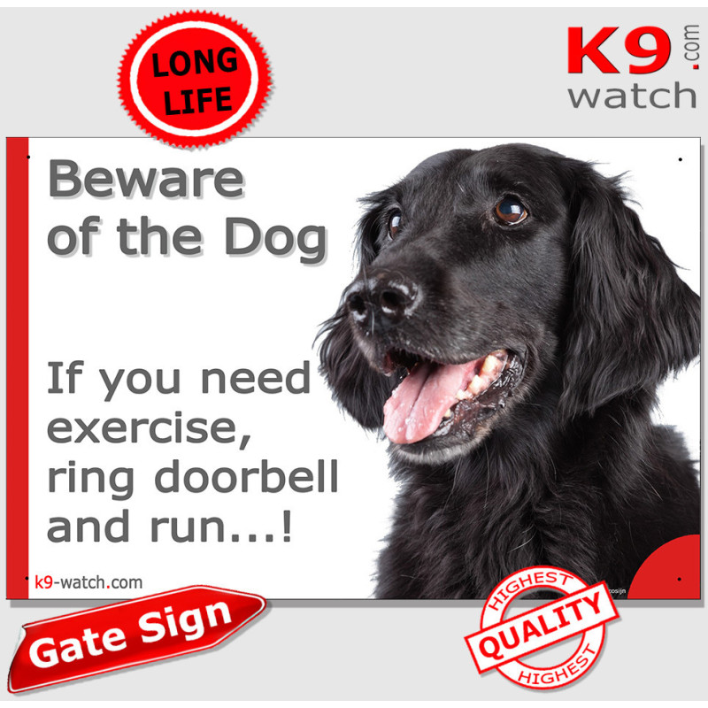 Funny black Flat-Coated Retriever sign with “Beware of the Dog” and “If you need exercise, ring doorbell and run…!”