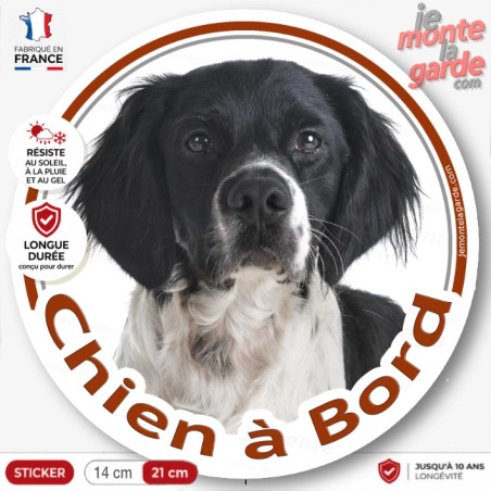 Epagneul Breton noir et blanc, sticker voiture autocollant rond "Chien à Bord" Disque adhésif Espagnol photo, résiste dehors