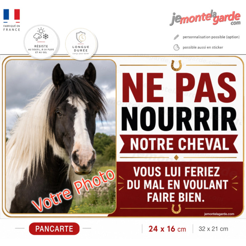 Pancarte avec photo de votre cheval pour demander aux visiteurs de ne pas lui donner à manger