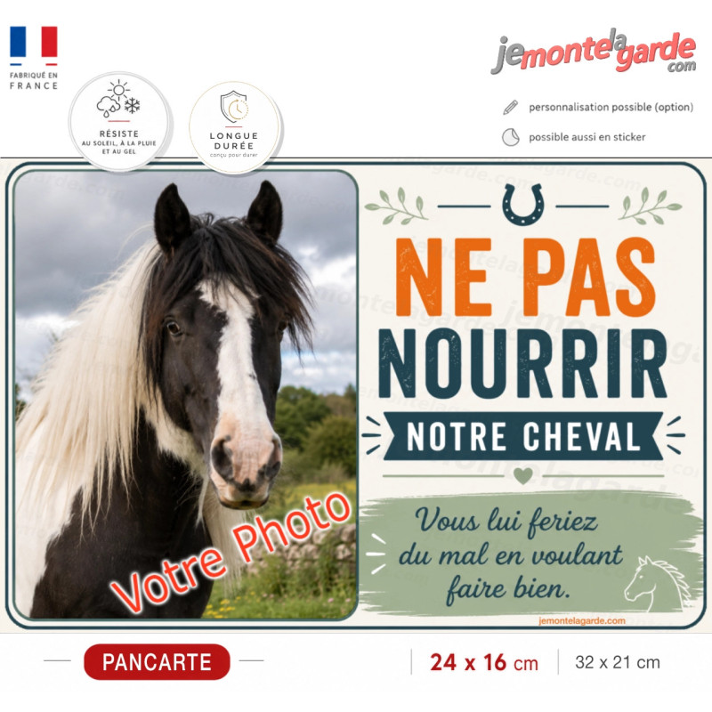 Pancarte avec photo de votre cheval pour demander aux visiteurs de ne pas lui donner à manger