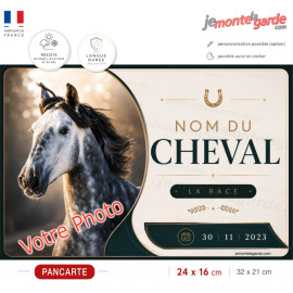 Plaque de box personnalisée avec photo, nom, race et date de naissance de votre cheval, fabriquée en France