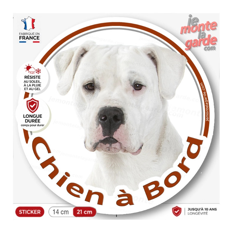 Dogue Argentin Tête, sticker autocollant rond "Chien à Bord" Disque adhésif photo vitre voiture chien Dogo, résiste extérieur Dogue Argentin Tête, sticker autocollant rond "Chien à Bord" Disque adhésif photo vitre voiture chien Dogo, résiste extérieur