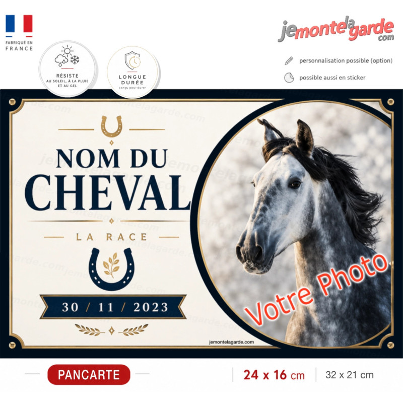 Plaque de box personnalisée avec photo, nom, race et date de naissance de votre cheval, fabriquée en France