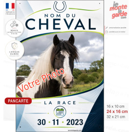 Plaque de box verticale personnalisée avec photo, nom, race et date de naissance de votre cheval, fabriquée en France