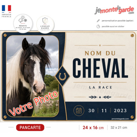 Plaque de box cheval (ou autre animal) personnalisée avec photo, nom, race et date, 2 Tailles🇫🇷