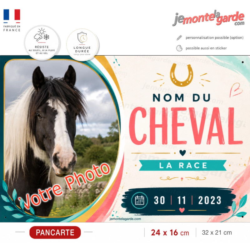 Plaque de box personnalisée Girly avec photo, nom, race et date de naissance de votre cheval, fabriquée en France