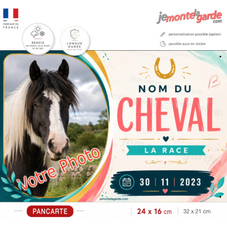 Plaque de box personnalisée Girly avec photo, nom, race et date de naissance de votre cheval, fabriquée en France