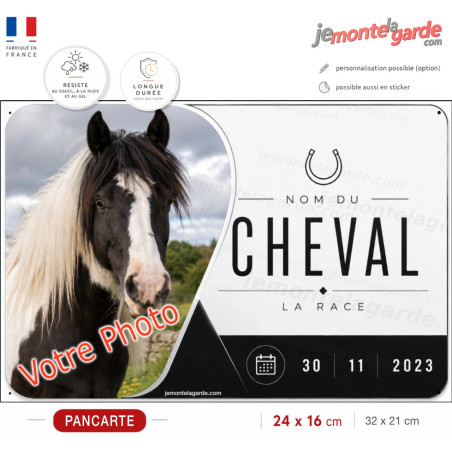 Plaque de box personnalisée Graphite avec photo, nom, race et date de naissance de votre cheval, fabriquée en France