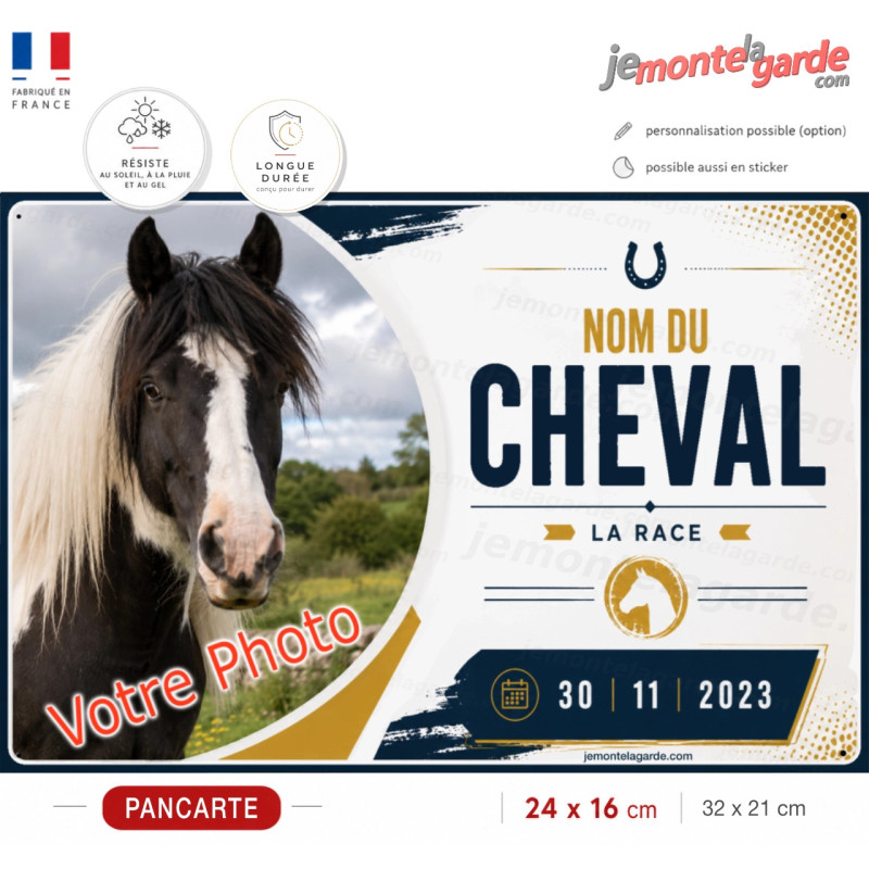 Plaque de box personnalisée Derby avec photo, nom, race et date de naissance de votre cheval, fabriquée en France