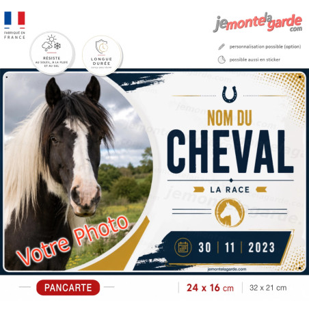 Plaque de box personnalisée Derby avec photo, nom, race et date de naissance de votre cheval, fabriquée en France