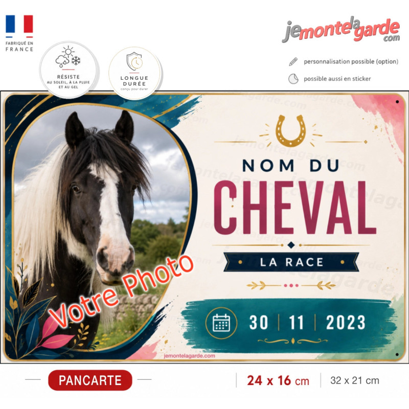Plaque de box personnalisée Bohème avec photo, nom, race et date de naissance de votre cheval, fabriquée en France