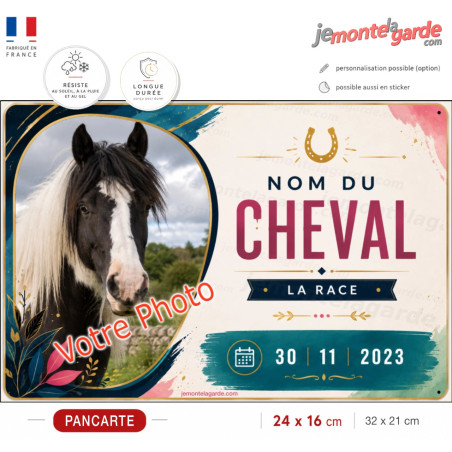 Plaque de box personnalisée Bohème avec photo, nom, race et date de naissance de votre cheval, fabriquée en France