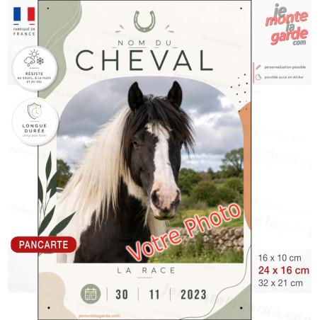 Plaque de box verticale personnalisée Sauge avec photo, nom, race et date de naissance de votre cheval, fabriquée en France