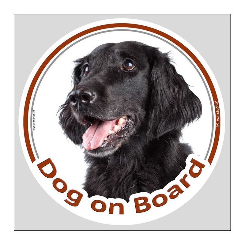 Black Flat-Coated Retriever “Dog on Board” sticker with a bright, expressive breed portrait for cars and other smooth surfaces.