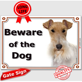 Fox Terrier “Beware of the Dog” gate sign featuring an alert breed portrait in a decorative traditional frame.
