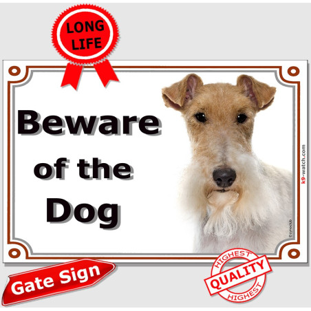 Fox Terrier “Beware of the Dog” gate sign featuring an alert breed portrait in a decorative traditional frame.