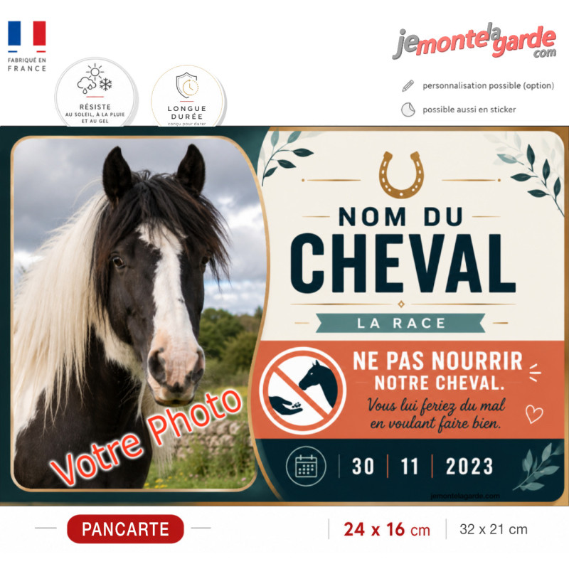 Pancarte Sienne avec photo de votre cheval pour demander aux visiteurs de ne pas lui donner à manger