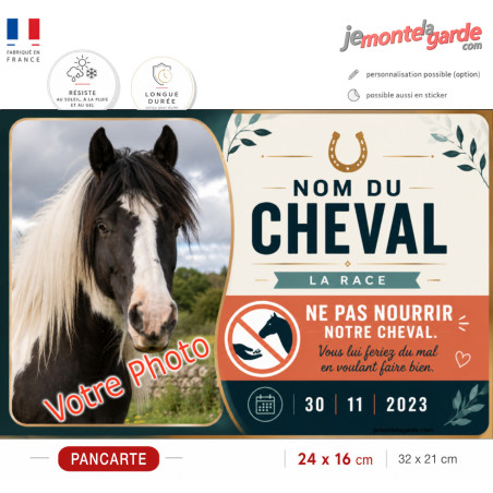 Pancarte Sienne avec photo de votre cheval pour demander aux visiteurs de ne pas lui donner à manger