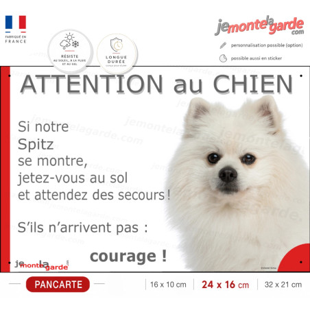 Spitz Nain blanc, plaque portail humour "Attention au Chien, Jetez Vous au Sol, attendez secours" résiste extérieur