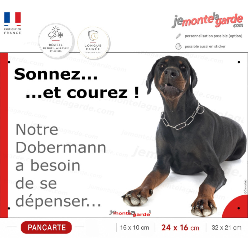Pancarte portail Attention au Chien humour "Sonnez et courez, notre Dobermann a besoin de se dépenser" photo, résiste extérieur Pancarte portail Attention au Chien humour "Sonnez et courez, notre Dobermann a besoin de se dépenser" photo, résiste extérieur