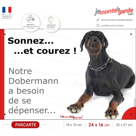Pancarte portail Attention au Chien humour "Sonnez et courez, notre Dobermann a besoin de se dépenser" photo, résiste extérieur