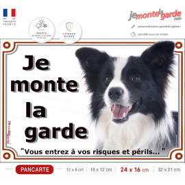 Border Collie Noir & Blanc Poils Longs, Plaque portail "Je Monte la Garde, risques périls" photo, résiste À l'extérieur