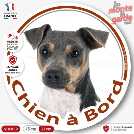 Terrier Brésilien tricolore, sticker autocollant rond "Chien à Bord" voiture photo, résiste dehors, idée cadeau, fabriqué France