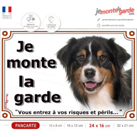 Berger Australien Tricolore Noir Tête, Plaque portail "Je Monte la Garde, risques périls" photo Aussie sécurité, résiste dehors