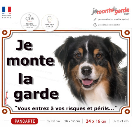 Berger Australien Tricolore Noir Tête, Plaque portail "Je Monte la Garde, risques périls" photo Aussie sécurité, résiste dehors