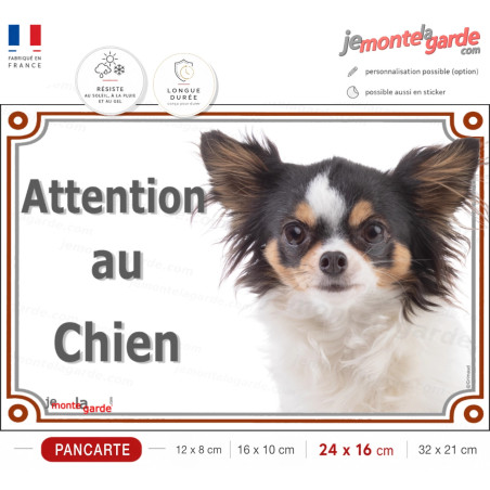 Chihuahua tricolore poils longs, plaque portail "Attention au Chien" photo, résiste extérieur, idées cadeaux, fabriqué en France