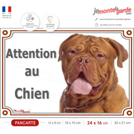 Dogue de Bordeaux fauve acajou à masque face rouge, plaque portail "Attention au Chien" photo, résiste extérieur