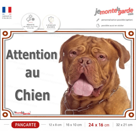Dogue de Bordeaux fauve acajou à masque face rouge, plaque portail "Attention au Chien" photo, résiste extérieur
