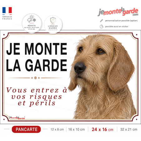 Pancarte Basset fauve de Bretagne "JE MONTE LA GARDE" au pelage fauve soutenu pour portail, résiste à l'extérieur