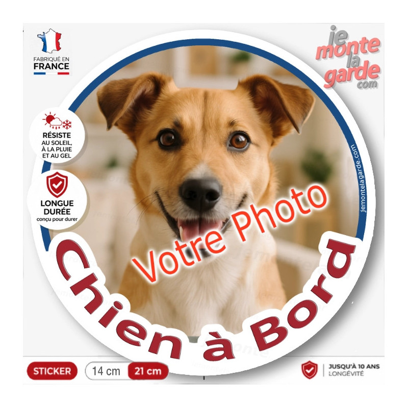 Photo personnalisable, disque photo autocollant "Chien à Bord" Sticker adhésif rond sur mesure vitre voiture, résiste dehors