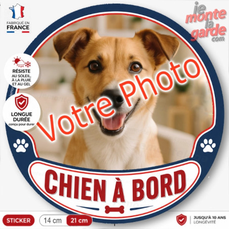 Photo personnalisable, disque photo autocollant "Chien à Bord" YANKEE rond sur mesure vitre voiture, résiste dehors