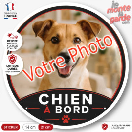 Photo personnalisable, disque photo autocollant "Chien à Bord" STARKY. rond sur mesure vitre voiture résiste dehors