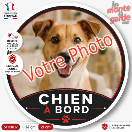 Photo personnalisable, disque photo autocollant "Chien à Bord" STARKY. rond sur mesure vitre voiture résiste dehors