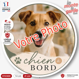 Photo personnalisable, disque photo autocollant "Chien à Bord" GAÏA. rond sur mesure vitre voiture, résiste dehors