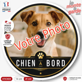 Photo personnalisable, disque photo autocollant "Chien à Bord" GATSBY , rond sur mesure vitre voiture , résiste dehors