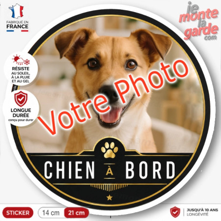Photo personnalisable, disque photo autocollant "Chien à Bord" GATSBY , rond sur mesure vitre voiture , résiste dehors