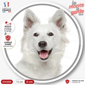 Berger Blanc Suisse, sticker autocollant rond "photo" disque résistant Intempéries, fabriqué en France