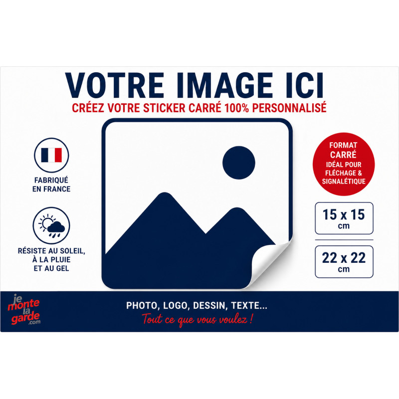 Sticker carré personnalisé avec votre photo, logo ou création, idéal signalétique, fléchage et autocollant de bord