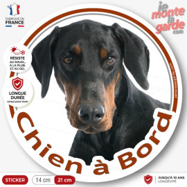 Dobermann noir et feu, sticker autocollant rond "Chien à Bord" Disque adhésif vitre voiture photo race chien, résiste extérieur