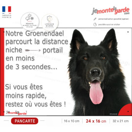 Berger Belge Groenendael noir, Plaque Portail humoristique "parcourt distance niche-portail 3 secondes" photo résiste dehors
