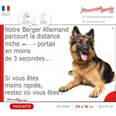 Berger Allemand Poils Longs couché, Plaque humour "parcourt distance niche-portail 3 secondes rapide" photo, résiste extérieur