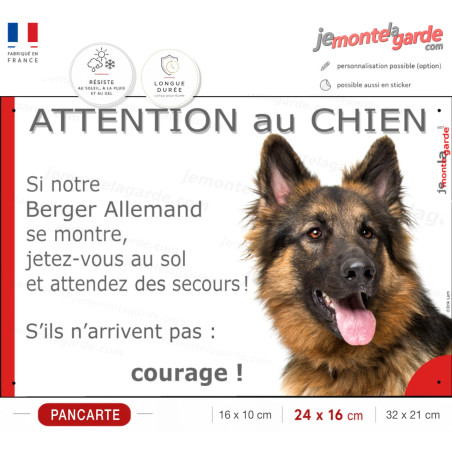 Berger Allemand Poils Longs, plaque portail humour "Attention au Chien, Jetez Vous au Sol, attendez secours, courage" photo