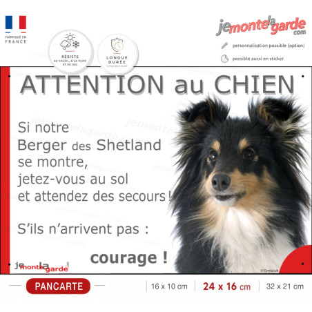 Pancarte humour Berger des Shetland tricolore "jetez-vous au sol" – panneau Attention au chien fabriqué en France
