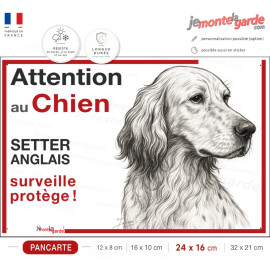 Plaque portail "Attention au Chien, notre Setter Anglais surveille et protège" dessin stylisé, résiste À l'extérieur